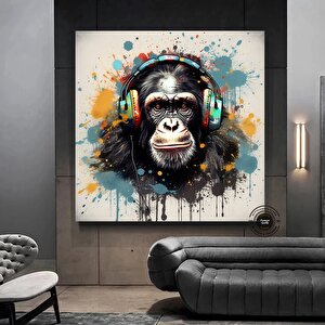 Dj Maymun Kanvas Çok Renkli; Pop Art Kanvas Resmi; Pop Kültürü Duvar Sanatı; Kulaklıklı Maymun Baskı; 40x40 cm