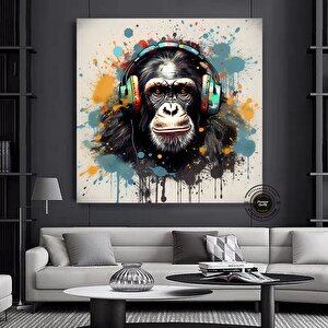 Dj Maymun Kanvas Çok Renkli; Pop Art Kanvas Resmi; Pop Kültürü Duvar Sanatı; Kulaklıklı Maymun Baskı; 120x120 cm