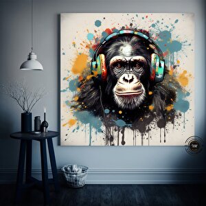 Dj Maymun Kanvas Çok Renkli; Pop Art Kanvas Resmi; Pop Kültürü Duvar Sanatı; Kulaklıklı Maymun Baskı;