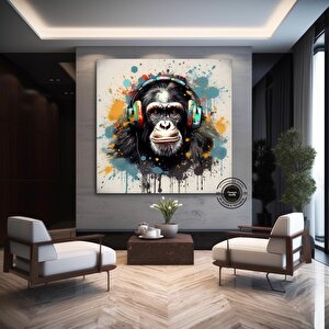 Dj Maymun Kanvas Çok Renkli; Pop Art Kanvas Resmi; Pop Kültürü Duvar Sanatı; Kulaklıklı Maymun Baskı; 70x70 cm
