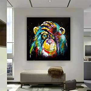 Maymun Kanvas Duvar Sanatı; Renkli Maymun Baskısı; Siyah Zemin; Hazır Asmaya 120x120 cm