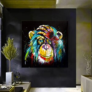 Maymun Kanvas Duvar Sanatı; Renkli Maymun Baskısı; Siyah Zemin; Hazır Asmaya