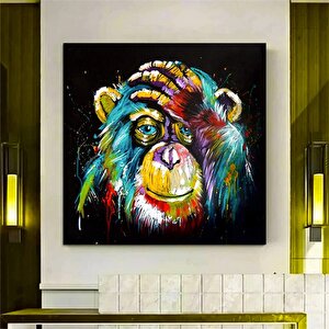 Maymun Kanvas Duvar Sanatı; Renkli Maymun Baskısı; Siyah Zemin; Hazır Asmaya 40x40 cm