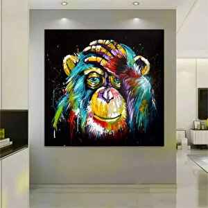 Maymun Kanvas Duvar Sanatı; Renkli Maymun Baskısı; Siyah Zemin; Hazır Asmaya 40x40 cm