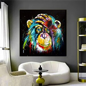 Maymun Kanvas Duvar Sanatı; Renkli Maymun Baskısı; Siyah Zemin; Hazır Asmaya