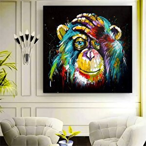 Maymun Kanvas Duvar Sanatı; Renkli Maymun Baskısı; Siyah Zemin; Hazır Asmaya