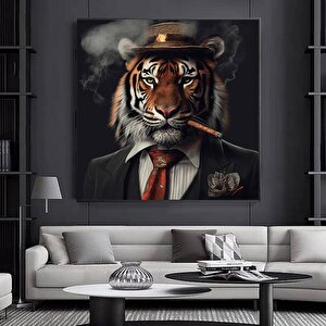 Sigara İçen Aslan Kanvas Duvar Sanatı – Aslan Giysileri; Kırmızı Kravatlı Aslan Tuvali; Modern Ev De 120x120 cm
