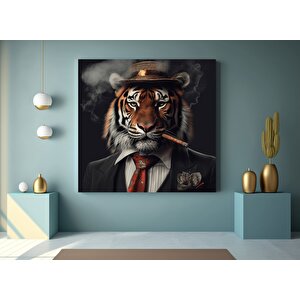 Sigara İçen Aslan Kanvas Duvar Sanatı – Aslan Giysileri; Kırmızı Kravatlı Aslan Tuvali; Modern Ev De 120x120 cm
