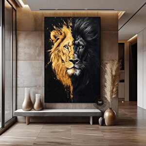 Aslan Kral Kanvas Tablosu, Siyah Altın Soyut Aslan Tablosu, Ekstra Büyük Kanvas Tablo 90x150 cm