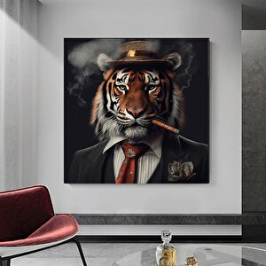 Sigara İçen Aslan Kanvas Duvar Sanatı – Aslan Giysileri; Kırmızı Kravatlı Aslan Tuvali; Modern Ev De 70x70 cm