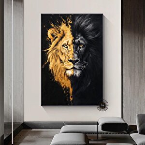 Aslan Kral Kanvas Tablosu, Siyah Altın Soyut Aslan Tablosu, Ekstra Büyük Kanvas Tablo 120x150 cm
