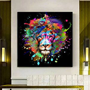 Sanatsal Aslan Kanvas; Siyah Zemin Graffiti; Renkli Aslan Tablo 80x80 cm