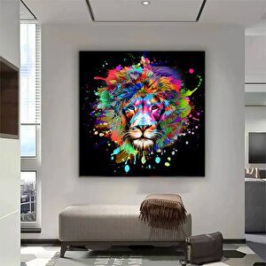 Sanatsal Aslan Kanvas; Siyah Zemin Graffiti; Renkli Aslan Tablo 80x80 cm
