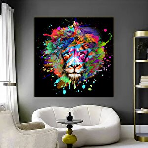 Sanatsal Aslan Kanvas; Siyah Zemin Graffiti; Renkli Aslan Tablo 80x80 cm