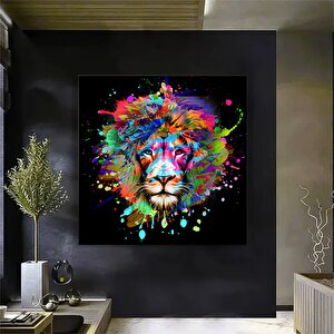 Sanatsal Aslan Kanvas; Siyah Zemin Graffiti; Renkli Aslan Tablo