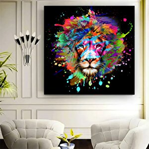 Sanatsal Aslan Kanvas; Siyah Zemin Graffiti; Renkli Aslan Tablo