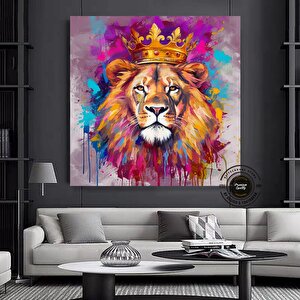 Pop Art Aslan Kanvas Tablo; Soyut Hayvan Baskısı; Renkli Aslan Resmi; Graffiti Sanatı 120x120 cm