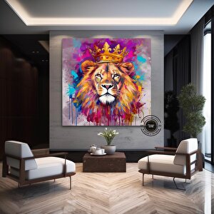 Pop Art Aslan Kanvas Tablo; Soyut Hayvan Baskısı; Renkli Aslan Resmi; Graffiti Sanatı 120x120 cm