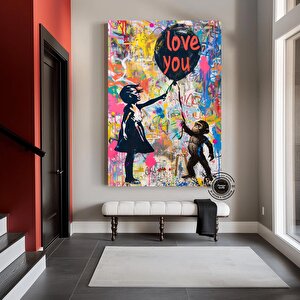 Balonlu Kız Ve Maymun Pop Art Tuvali, Banksy Sanatı, Balonlu Kız Grafiti, Sokak Grafiti Duvar Sanatı 50x70 cm