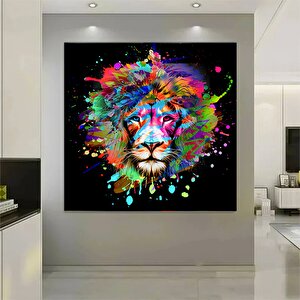 Sanatsal Aslan Kanvas; Siyah Zemin Graffiti; Renkli Aslan Tablo