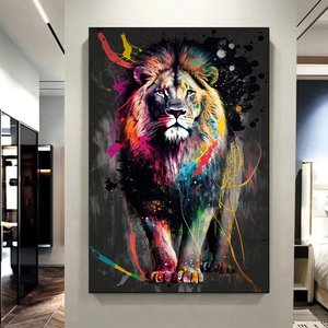 Soyut Grafiti Aslan Tablosu, Modern Hayvan Sokak Sanatı, Renkli Kanvas Poster Baskısı 90x150 cm