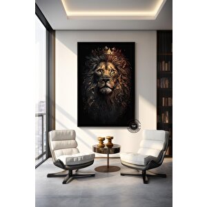 Aslan Kral Duvar Sanatı; Siyah-altın Soyut Aslan Tablosu; Dev Boy Kanvas; Oyun Odası Dekoru; Asmaya 100x200 cm