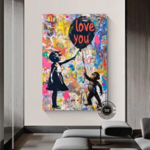 Balonlu Kız Ve Maymun Pop Art Tuvali, Banksy Sanatı, Balonlu Kız Grafiti, Sokak Grafiti Duvar Sanatı 70x150 cm