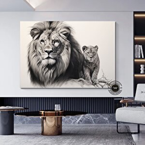 Aslan Ve Yavru Kanvas Tablo – Aile Temalı Hayvan Duvar Sanatı – Mavi Gözlü Aslan 60x120 cm