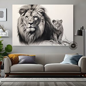 Aslan Ve Yavru Kanvas Tablo – Aile Temalı Hayvan Duvar Sanatı – Mavi Gözlü Aslan