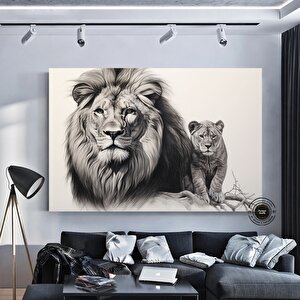 Aslan Ve Yavru Kanvas Tablo – Aile Temalı Hayvan Duvar Sanatı – Mavi Gözlü Aslan