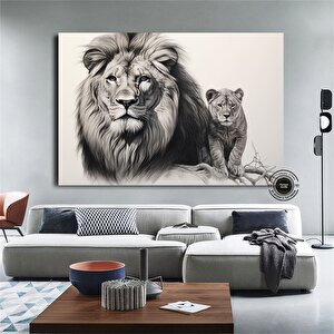 Aslan Ve Yavru Kanvas Tablo – Aile Temalı Hayvan Duvar Sanatı – Mavi Gözlü Aslan