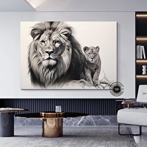 Aslan Ve Yavru Kanvas Tablo – Aile Temalı Hayvan Duvar Sanatı – Mavi Gözlü Aslan 20x30 cm