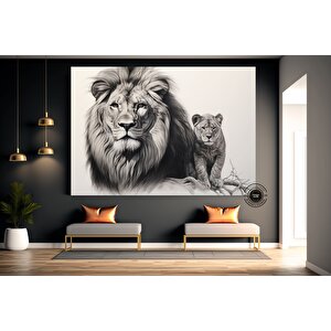 Aslan Ve Yavru Kanvas Tablo – Aile Temalı Hayvan Duvar Sanatı – Mavi Gözlü Aslan 20x30 cm