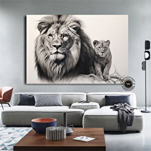 Aslan Ve Yavru Kanvas Tablo – Aile Temalı Hayvan Duvar Sanatı – Mavi Gözlü Aslan