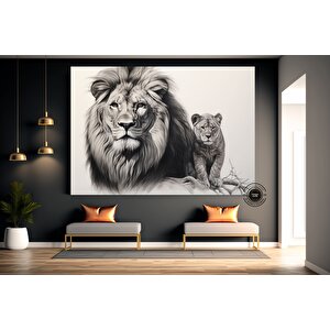 Aslan Ve Yavru Kanvas Tablo – Aile Temalı Hayvan Duvar Sanatı – Mavi Gözlü Aslan 50x70 cm