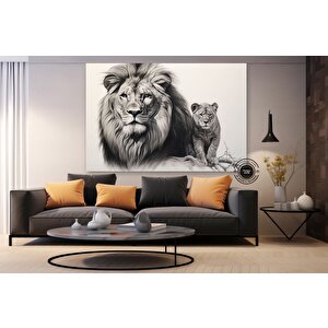 Aslan Ve Yavru Kanvas Tablo – Aile Temalı Hayvan Duvar Sanatı – Mavi Gözlü Aslan 40x60 cm