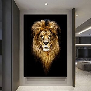Aslan Portresi Kanvas Duvar Sanatı; Siyah Fon Aslan Tablosu; Siyah-sarı Kanvas Baskı; Erkek Aslan Od 70x100 cm