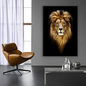 Aslan Portresi Kanvas Duvar Sanatı; Siyah Fon Aslan Tablosu; Siyah-sarı Kanvas Baskı; Erkek Aslan Od 70x100 cm