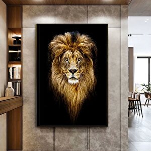 Aslan Portresi Kanvas Duvar Sanatı; Siyah Fon Aslan Tablosu; Siyah-sarı Kanvas Baskı; Erkek Aslan Od