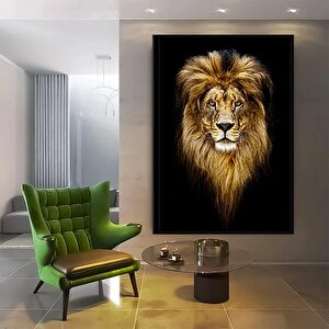 Aslan Portresi Kanvas Duvar Sanatı; Siyah Fon Aslan Tablosu; Siyah-sarı Kanvas Baskı; Erkek Aslan Od