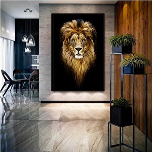 Aslan Portresi Kanvas Duvar Sanatı; Siyah Fon Aslan Tablosu; Siyah-sarı Kanvas Baskı; Erkek Aslan Od 20x30 cm