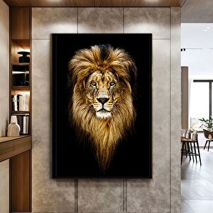 Aslan Portresi Kanvas Duvar Sanatı; Siyah Fon Aslan Tablosu; Siyah-sarı Kanvas Baskı; Erkek Aslan Od
