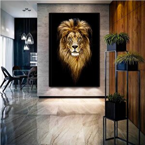 Aslan Portresi Kanvas Duvar Sanatı; Siyah Fon Aslan Tablosu; Siyah-sarı Kanvas Baskı; Erkek Aslan Od 80x120 cm