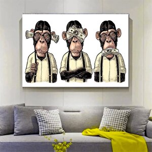 3 Maymun Kanvas Sanatı, 3 Düşünen Maymun, Maymun Kanvası, Bilge Maymun, Hayvan Duvar Sanatı 140x200 cm