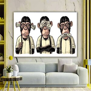 3 Maymun Kanvas Sanatı, 3 Düşünen Maymun, Maymun Kanvası, Bilge Maymun, Hayvan Duvar Sanatı 90x180 cm