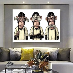 3 Maymun Kanvas Sanatı, 3 Düşünen Maymun, Maymun Kanvası, Bilge Maymun, Hayvan Duvar Sanatı 150x250 cm
