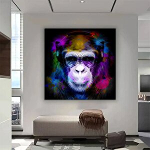 Renkli Maymun, Müzik Dinleyen Maymun Duvar Sanatı, Maymun Kanvas Baskısı, Hayvan Resimleri 100x100 cm
