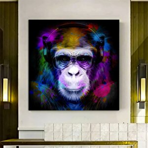 Renkli Maymun, Müzik Dinleyen Maymun Duvar Sanatı, Maymun Kanvas Baskısı, Hayvan Resimleri 70x70 cm