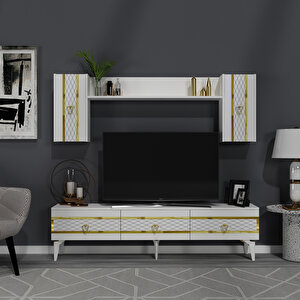 İppek 180 Cm Tv Ünitesi Ve Konsol 2'li Salon Takımı BEYAZ-ALTIN