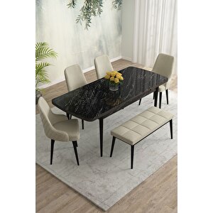 Meri Siyah Mermer 80x132 Açılabilir Mdf Masa Yemek Odası Takımı,mutfak Masa Takımı 4 Sandalye 1bench Krem